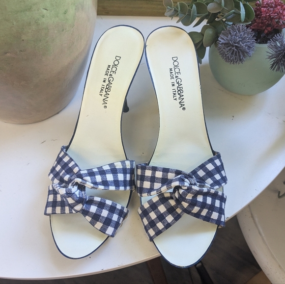 Dolce & Gabbana Heels Stiletto Mules Slip On Peep Toe Blue Gingham Size 38 - Picture 1 of 11